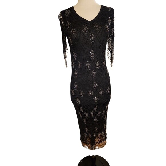 Kroshetta By Papillion Black Widow Midi Dress Womens Medium Crochet Beaded NWT - Picture 1 of 9